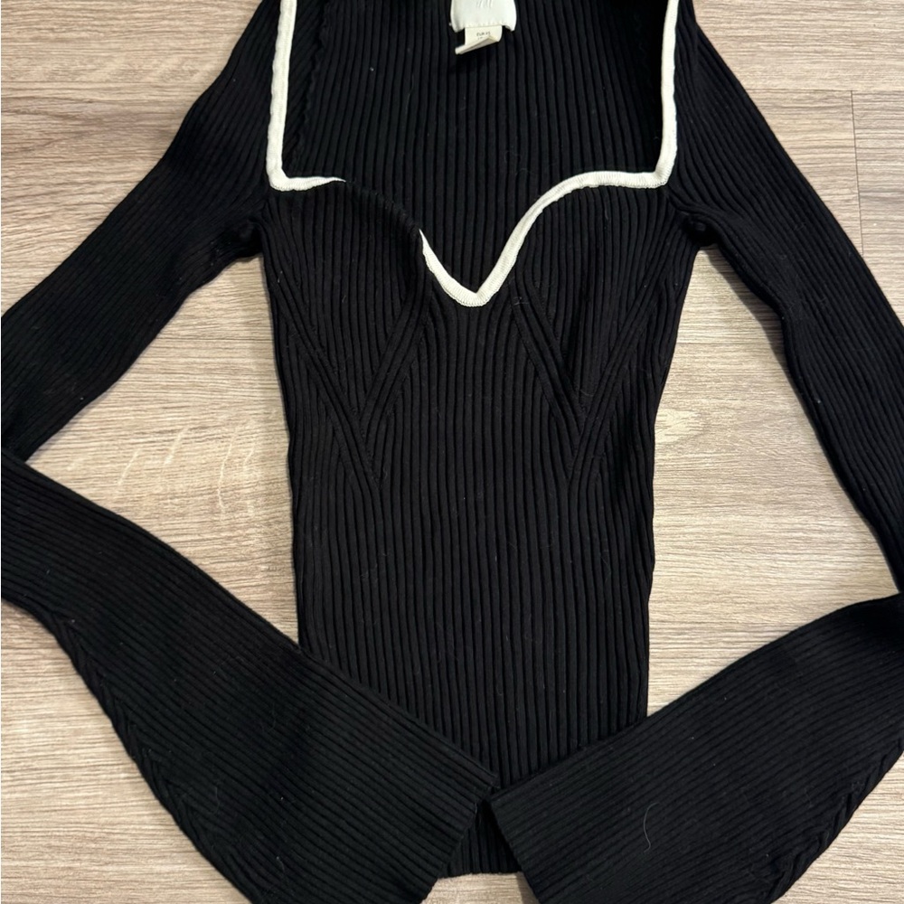 H&M Black Ribbed Long-Sleeve Top with White Trim